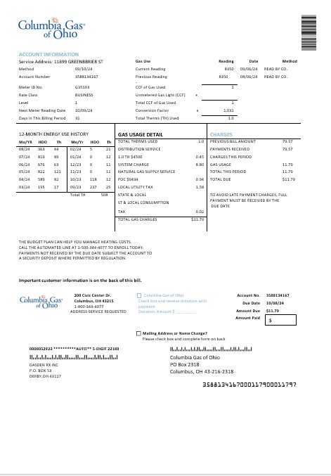 USA Columbia Gas of Ohio business utility bill template in Word and PDF formats